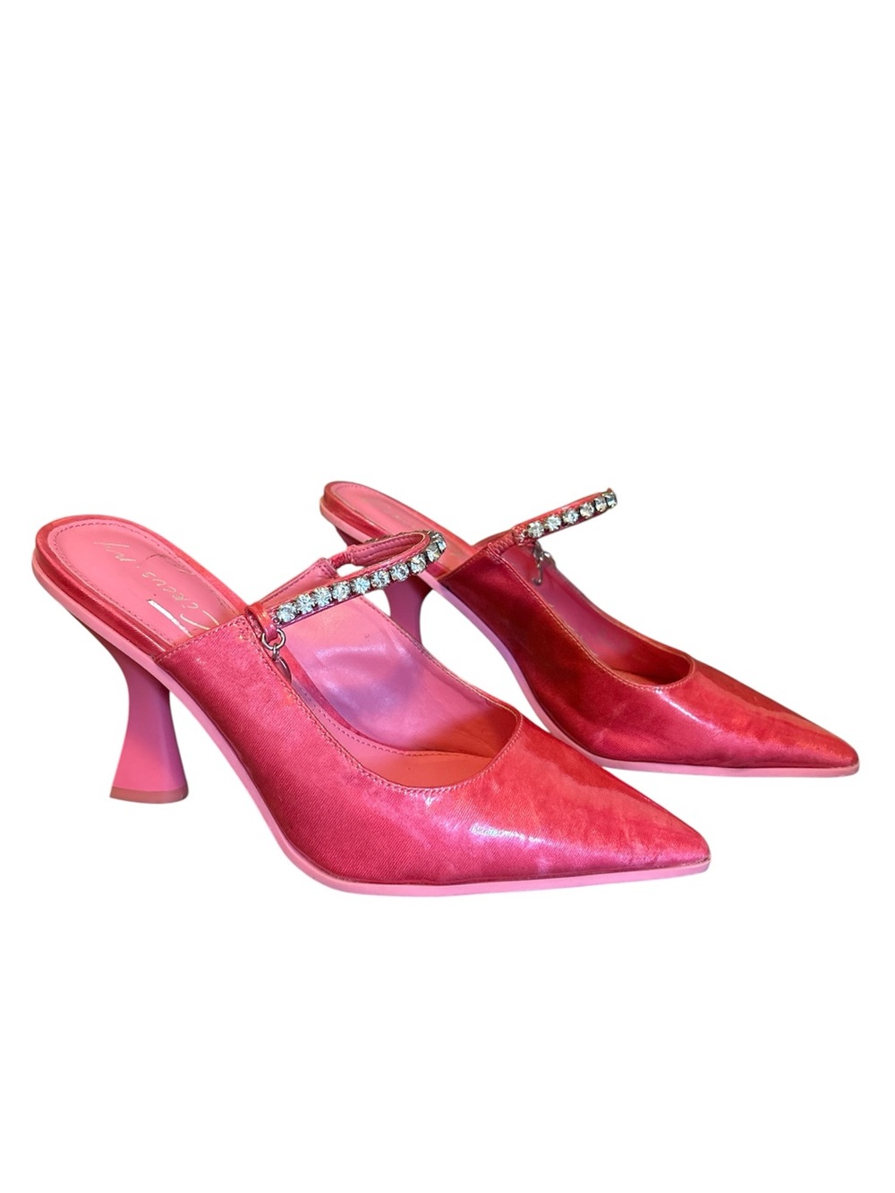 Rhinestone-Embellished Pink Pointed-Toe Mule Heels 7